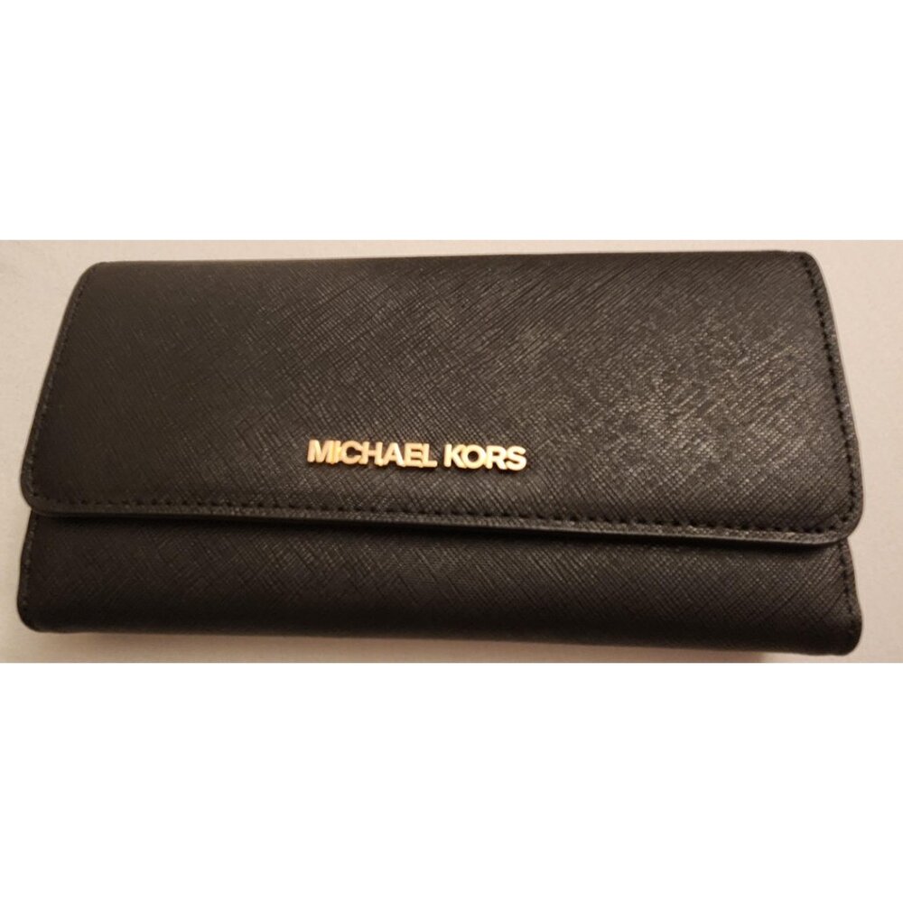 NWT Michael Kors Jet Set Travel Crossgrain Leather Tri-Fold Wallet Black